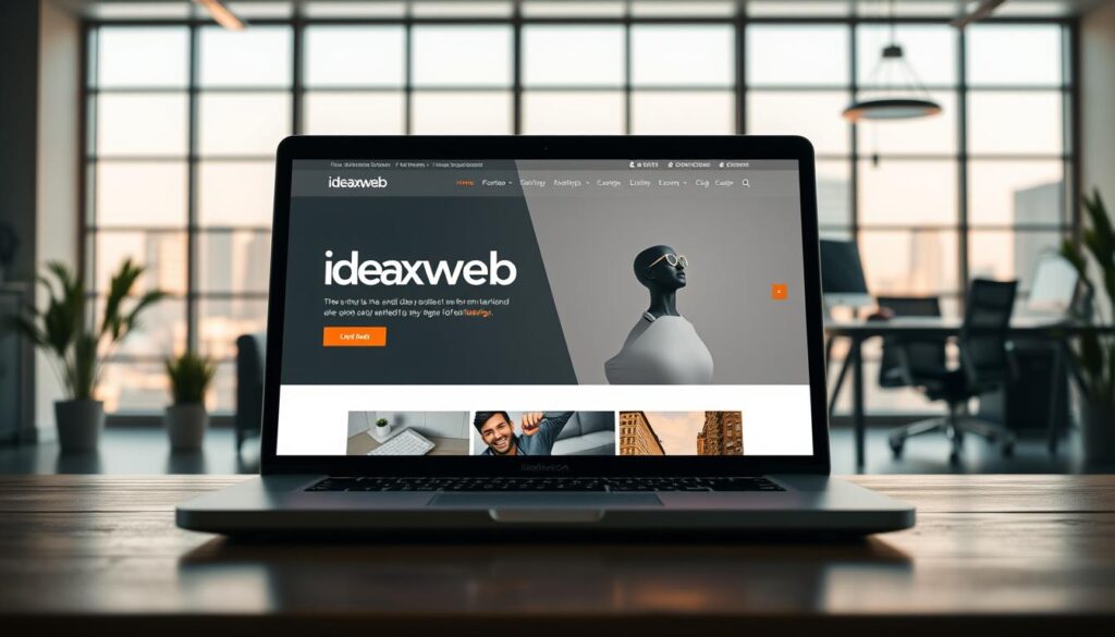 A beautifully designed landing page with a modern, minimalist aesthetic. In the foreground, a sleek laptop displays a clean, well-organized website showcasing the 