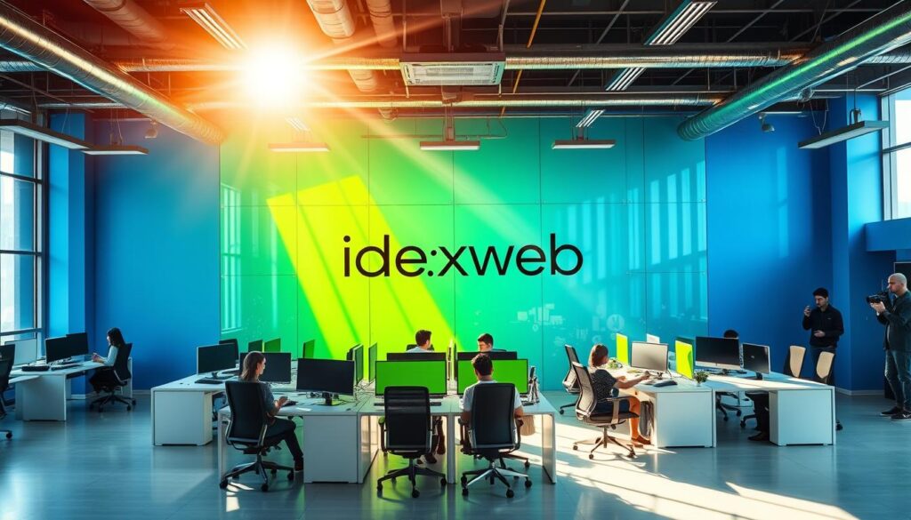 A bustling digital agency in Jakarta, Indonesia, showcasing its cutting-edge capabilities. The modern office space features an open floor plan with sleek, minimalist workstations arranged around a central collaboration hub. Vibrant hues of blue and green accentuate the walls, complementing the ideaxweb branding prominently displayed on a large glass panel. Sunlight streams in through floor-to-ceiling windows, casting a warm glow over the space and illuminating the team of skilled designers, developers, and digital strategists hard at work. The overall atmosphere exudes creativity, innovation, and a commitment to delivering exceptional web solutions for businesses.