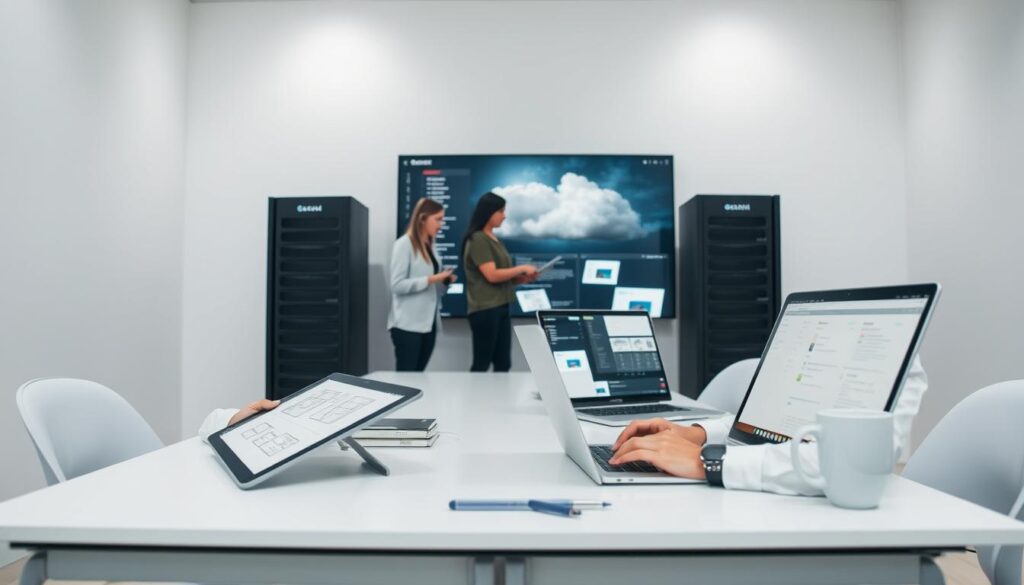 A clean, modern website development process unfolds in a sleek, minimalist workspace. In the foreground, an ideaxweb designer sketches wireframes on a tablet, while a developer codes on a laptop. Midground, a team reviews progress on a large monitor, discussing user flows and visual design. In the background, servers and clouds symbolize the technical infrastructure powering the site. Soft, indirect lighting creates a professional, focused atmosphere. The composition conveys an efficient, collaborative workflow that results in a polished, high-quality website.