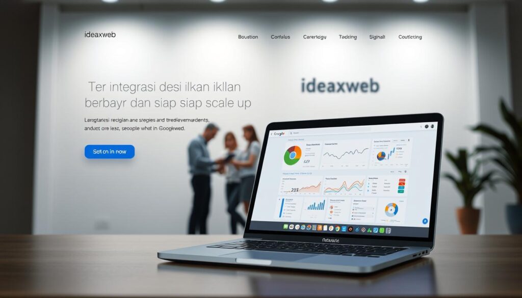 A digital marketing landing page featuring a clean, modern design. In the foreground, a laptop displays a Google Ads dashboard, showcasing various performance metrics and advertising campaign details. In the middle ground, a team of professionals collaborates, strategizing and optimizing the paid advertising campaign. The background features the 