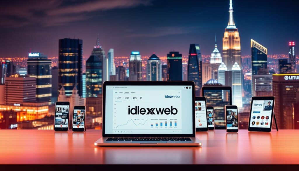 A digital marketing landscape with layered elements. In the foreground, a laptop displaying the ideaxweb brand alongside digital analytics data. In the middle ground, various digital devices like smartphones and tablets showcasing social media platforms and online advertising campaigns. In the background, a cityscape backdrop with skyscrapers and a vibrant, neon-lit skyline, conveying a sense of a dynamic, tech-savvy urban environment. The scene is illuminated by warm, focused lighting, creating a professional, cutting-edge atmosphere. The overall composition emphasizes the comprehensive digital marketing solutions offered by ideaxweb to drive business success.