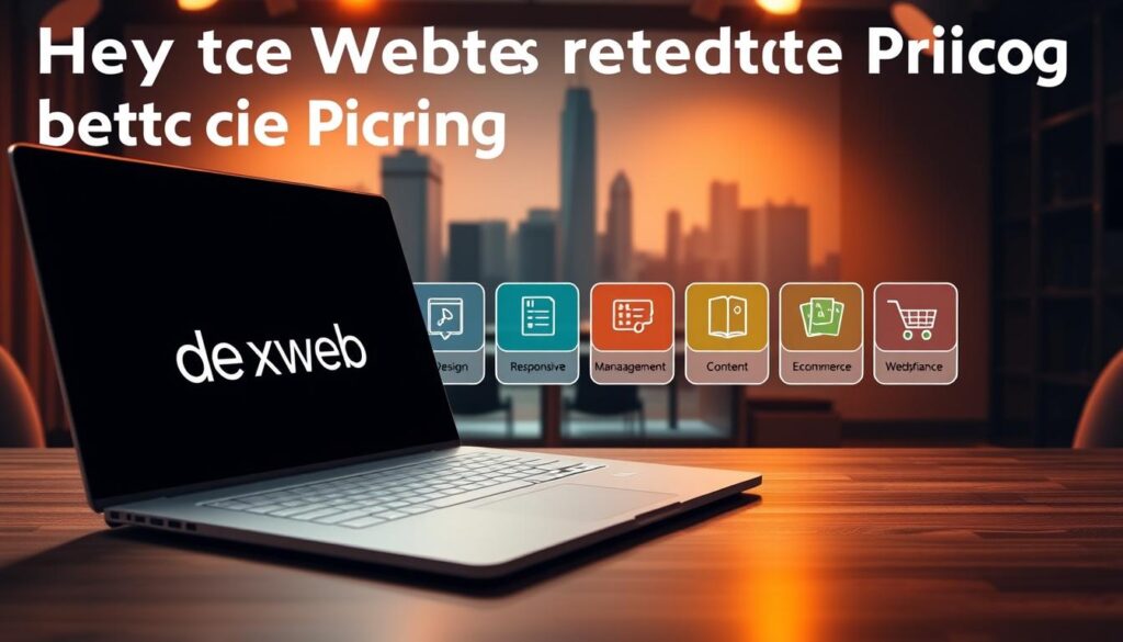 A high-quality website development scene featuring the key factors that determine its pricing, illuminated by warm studio lighting. In the foreground, a sleek laptop showcases the ideaxweb brand and wireframe designs. In the middle ground, colorful icons represent essential website elements like responsive design, content management, and e-commerce functionality. The background depicts a cityscape with skyscrapers, symbolizing the importance of a professional online presence in the modern business landscape. The overall mood is one of thoughtful consideration, highlighting the nuanced decisions that go into crafting the perfect website solution.