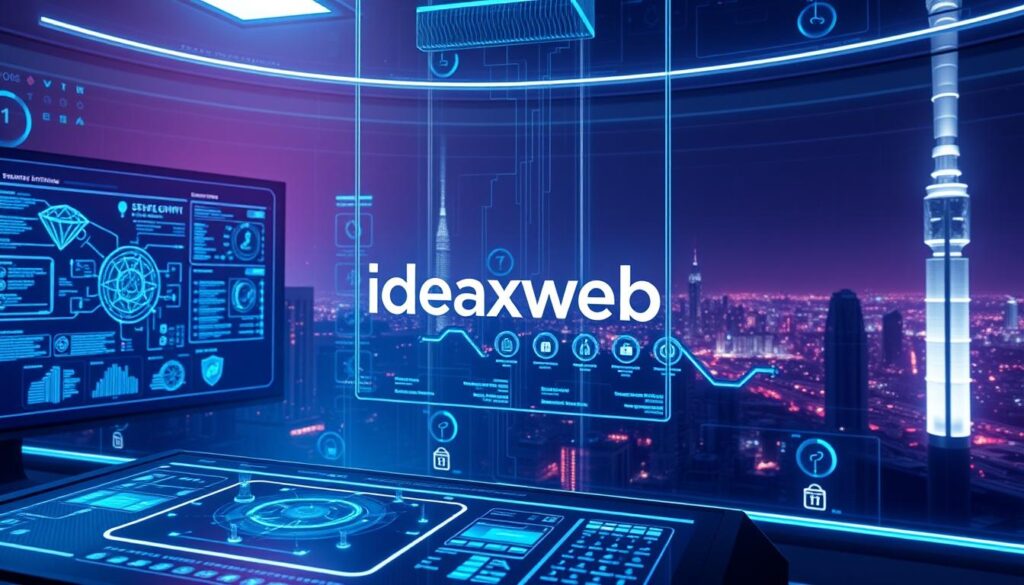 A high-tech cybersecurity interface with multiple screens, holographic displays, and advanced data visualizations. In the foreground, the ideaxweb brand logo hovers above a sleek, minimal control panel. The middle ground features intricate network diagrams, encrypted data streams, and real-time threat monitoring. The background showcases a panoramic view of a futuristic city skyline, bathed in a cool, neon-tinged lighting. The overall atmosphere conveys a sense of power, security, and technological sophistication, reflecting the 