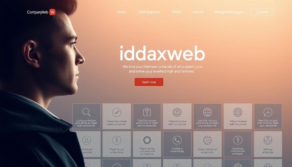 A modern, clean-cut website interface showcasing the ideaxweb company profile. A large hero image dominates the foreground, highlighting the brand's sleek and professional aesthetic. The middle ground features a grid of modular content sections, each with distinct icons and typography, conveying the website's key features and services. The background has a subtle gradient or texture, lending depth and sophistication. Soft, balanced lighting creates a polished, inviting atmosphere. The overall composition is visually striking, reflecting the high-quality, tailored web design services offered by ideaxweb.