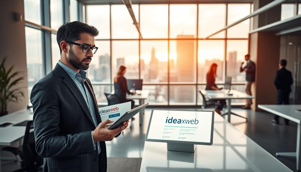 A modern, minimalist web agency office setting with a focus on choosing the right digital services. In the foreground, a thoughtful businessman reviews a tablet displaying 