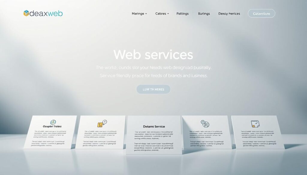 A modern, minimalist website interface showcasing the services of ideaxweb, a leading web design agency. Elegant typography and clean layout draw the eye, complemented by vibrant icons and illustrations. Soft, diffused lighting creates a calming, professional atmosphere. The foreground features neatly arranged service cards, each with a concise description. The middle ground has a hero section highlighting key offerings, while the background depicts a subtly patterned surface, suggesting a sense of depth and texture. The overall composition conveys a sophisticated, user-friendly digital experience tailored to the needs of brands and businesses.