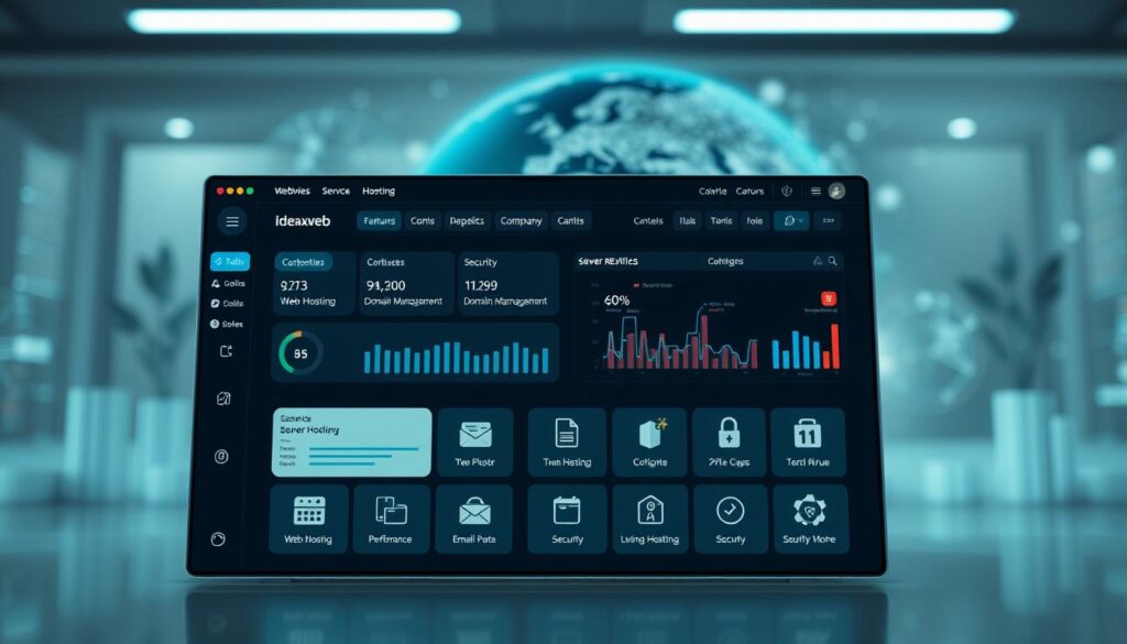 A modern, responsive web hosting interface with a clean, intuitive layout. The foreground features a sleek server dashboard displaying customizable service packages, resource allocation, and performance metrics. The middle ground showcases a grid of feature icons representing web hosting, domain management, email, and security tools. In the background, a blurred globe and abstract data visualizations convey the global connectivity and technological prowess of the ideaxweb brand. Soft lighting and a muted color palette create a professional, enterprise-grade atmosphere.