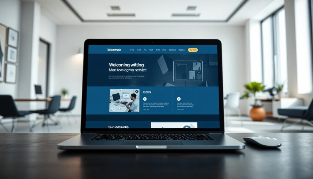 A modern, sleek website design with the ideaxweb brand prominently displayed. The website interface showcases various interactive elements such as navigation menus, section headers, and call-to-action buttons. The layout is clean and organized, with ample whitespace to create a professional and user-friendly appearance. The color palette features a harmonious blend of blues and grays, conveying a sense of trustworthiness and reliability. In the foreground, a laptop or desktop computer displays the website, while the background depicts a minimalist office setting with simple furnishings and natural lighting. The overall atmosphere exudes a sophisticated, tech-savvy ambiance suitable for a high-quality web development service.