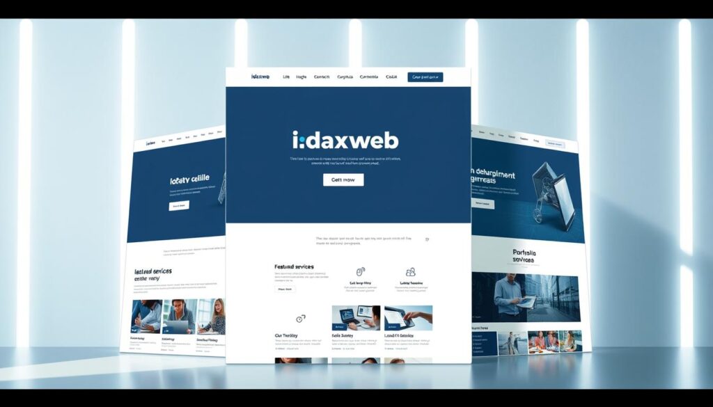 A modern, sleek website interface with a clean, minimalist design. The homepage features a hero section showcasing the ideaxweb brand and tagline, with a prominent call-to-action button. The middle section displays various website content modules like featured services, client testimonials, and a portfolio showcase. The background has a subtle, soft-focus pattern or texture that adds depth and visual interest. The lighting is natural and balanced, creating a professional, trustworthy atmosphere. The overall composition uses a harmonious color palette of blues, grays, and whites to reflect the ideaxweb brand identity.