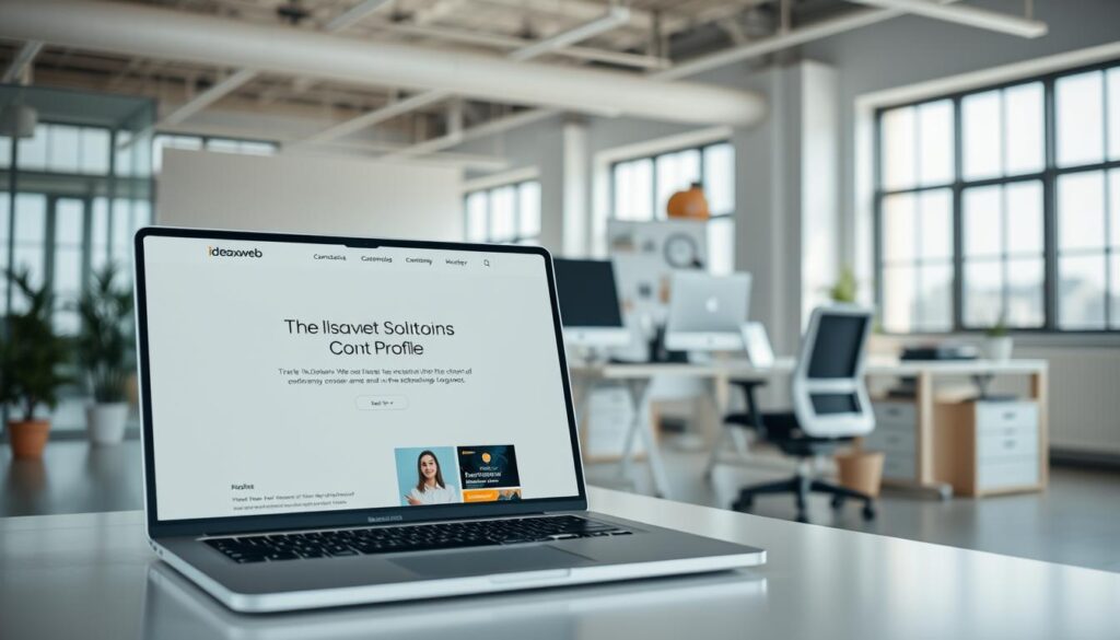 A professional and modern website company profile showcasing the ideaxweb brand. In the foreground, a minimalist laptop display presents a clean and well-designed website interface, highlighting the company's services and offerings. The middle ground features a workspace with a stylish desk, ergonomic chair, and neatly organized office supplies, conveying a sense of productivity and attention to detail. The background depicts a bright, airy office space with large windows, allowing natural light to flood the scene and create a welcoming, professional atmosphere. The overall mood is one of sleek sophistication, reflecting the high-quality and customized web solutions provided by ideaxweb.