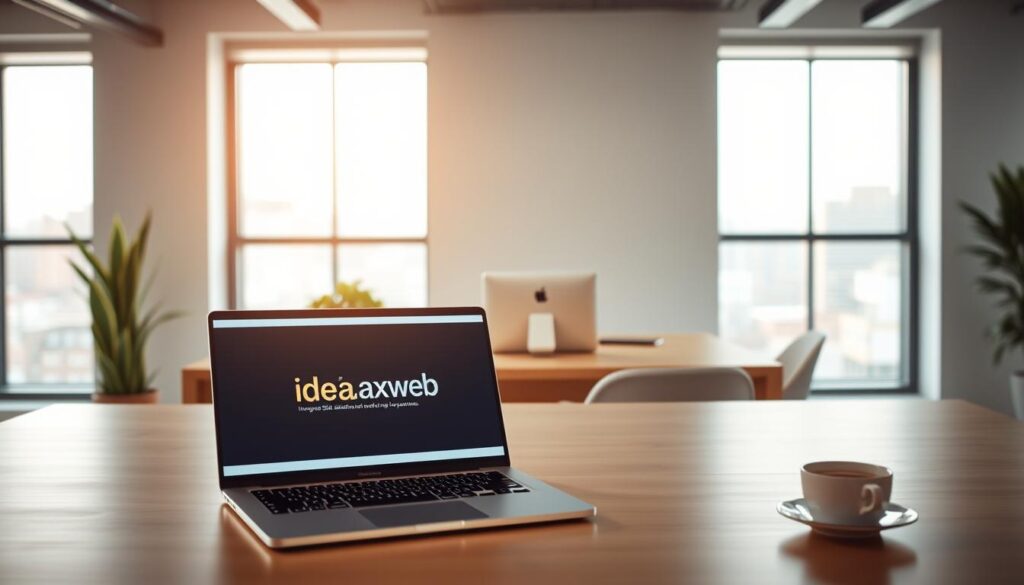 A serene, well-lit office setting with a modern, minimalist aesthetic. In the foreground, a sleek laptop displays the 