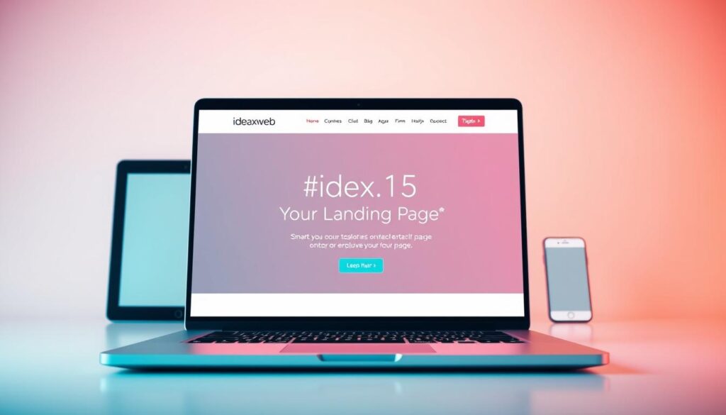 A sleek and modern landing page for the ideaxweb brand, featuring a clean and minimalist design. In the foreground, a laptop display showcases the landing page's key features, with a call-to-action button prominently displayed. The middle ground depicts a variety of digital devices, such as a tablet and a smartphone, all showcasing the responsive nature of the landing page. The background is a soft, gradient-based palette, creating a sense of warmth and professionalism. The overall scene is captured with a wide-angle lens, creating a sense of depth and emphasizing the comprehensive nature of the ideaxweb landing page package.