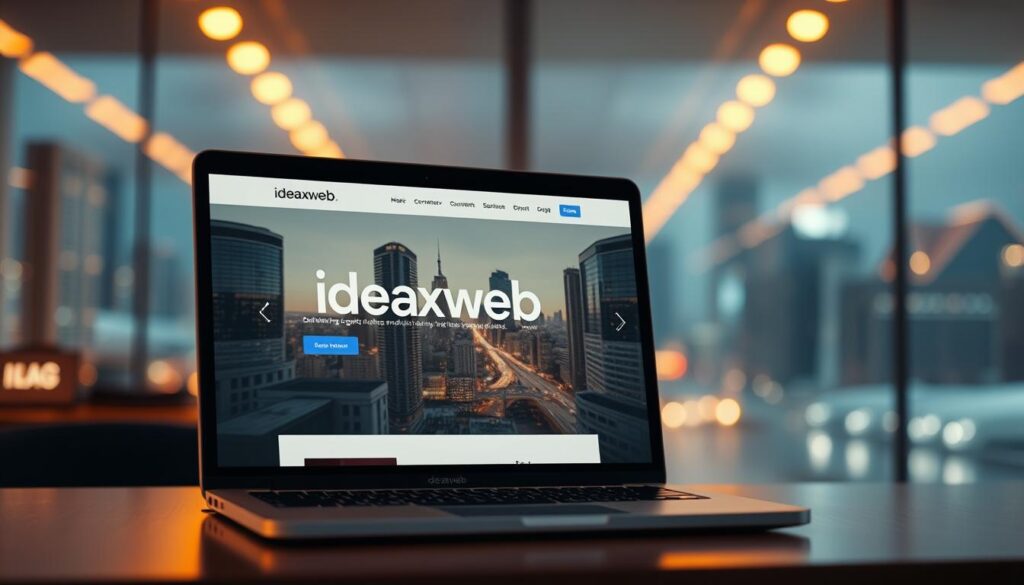 A sleek, modern landing page with a clean, professional layout. In the foreground, a laptop displays a beautifully designed website, showcasing the brand 