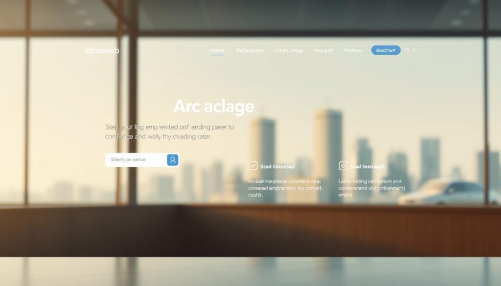 A sleek, modern landing page with a minimalist design, featuring a large hero image showcasing a business concept. The foreground displays a clean, intuitive user interface with a prominent call-to-action button and subtle branding for 