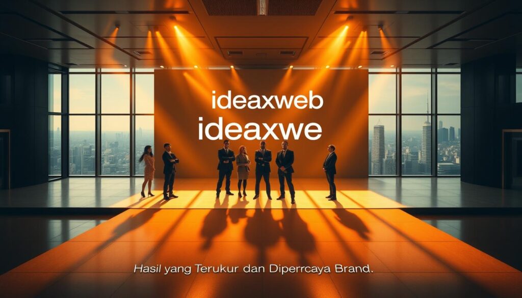 A sleek, modern office interior with a large, well-lit stage in the foreground. The stage is adorned with the 