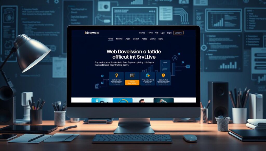 A sleek, modern website design showcasing the services of ideaxweb, a leading web development agency. The foreground features a clean, responsive homepage layout with a hero section, service cards, and a call-to-action button. The middle ground displays a desktop computer displaying the website, surrounded by various digital devices and office supplies, conveying a professional, technology-driven atmosphere. The background subtly incorporates elements of web development, such as lines of code, wireframes, and a color palette of blues and grays, creating a visually cohesive and immersive scene. The overall mood is one of efficiency, innovation, and a commitment to delivering high-quality web solutions for businesses.