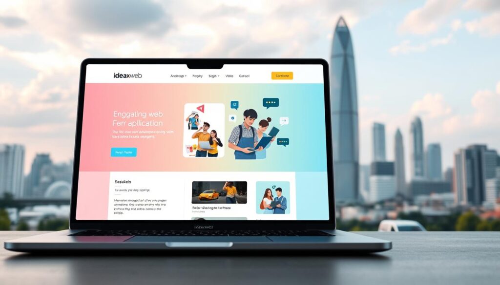 A sleek, modern website interface with a clean, minimalist aesthetic. The foreground features a stylized laptop display showcasing an engaging, user-friendly web application designed by ideaxweb. Vibrant colors, intuitive navigation, and seamless interactions create a positive, immersive user experience. The middle ground includes a team of web developers collaborating to refine the design, optimizing for both aesthetics and functionality. In the background, a bustling cityscape represents the thriving Indonesian web development industry, highlighting ideaxweb's expertise in crafting innovative digital solutions for businesses.