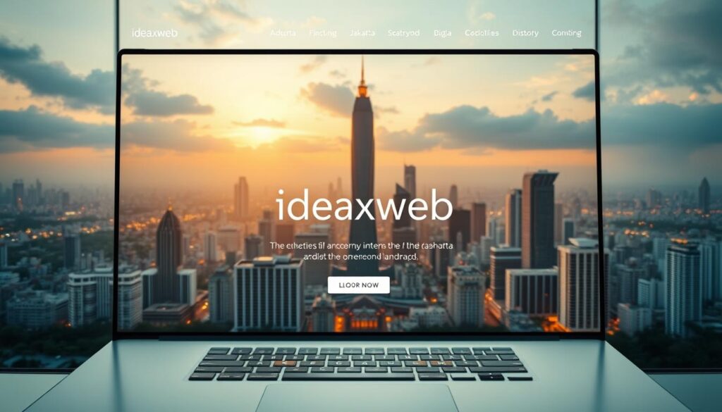 A sleek, modern website interface with the ideaxweb brand prominently displayed. In the foreground, a clean, minimalist layout with crisp typography and carefully curated imagery showcasing Jakarta's vibrant cityscapes. The middle ground features an interactive user experience, with intuitive navigation and seamless transitions. In the background, a panoramic view of Jakarta's skyline, bathed in warm, golden hour lighting, conveying a sense of professionalism and digital sophistication. The overall mood is one of efficiency, elegance, and a deep understanding of the Jakarta business landscape.