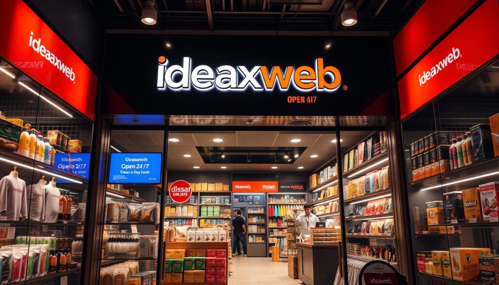A vibrant online store, open 24/7, showcasing a diverse range of products. The storefront features a sleek, modern design with clean lines and bold colors, drawing the eye to the 