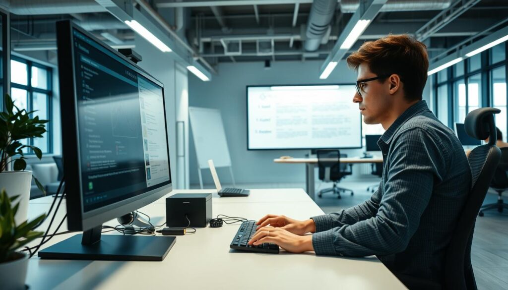 A well-lit office workspace with a computer, desk, and ergonomic chair. In the foreground, a person is diligently typing on the keyboard, their focused expression conveying the transparent and efficient work process of ideaxweb. The middle ground features a whiteboard displaying a project timeline and milestones, while the background showcases a modern, open-concept office layout with natural light streaming through large windows. The overall atmosphere exudes professionalism, productivity, and a collaborative work environment.