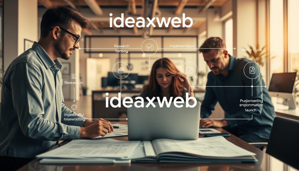 A well-organized web design process: in the foreground, a team of designers and developers collaborating on a laptop, with sketches and wireframes surrounding them; in the middle, a holistic view of the website development life cycle, from research and planning to implementation and launch; in the background, a sleek, modern office space bathed in warm, natural lighting, conveying a sense of efficiency and professionalism. The overall mood is one of focused, methodical progress, with the 