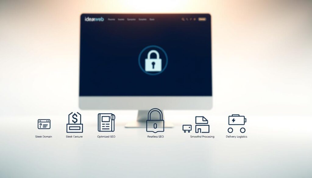 Fitur core of a professional website by ideaxweb: sleek domain, secure SSL certificate, optimized SEO, seamless payment processing, smooth delivery logistics, and more. Captured in a clean, minimalist style with a crisp, high-resolution image. The foreground showcases icons and graphics representing these key features, arranged in a balanced, visually appealing layout. The middle ground features a clean, white background with soft shadows and subtle gradients, creating a sense of depth and sophistication. The background is a soft, blurred out gradient, keeping the focus on the core features. Subtle lighting from the top-left casts a warm, natural glow across the scene, enhancing the modern, premium aesthetic.