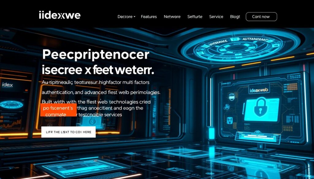 a professional website with high-quality security features, including multi-factor authentication, SSL/TLS encryption, and advanced firewall protection. The website is built with the latest web technologies and optimized for fast performance, with a sleek and modern design that showcases the ideaxweb brand. The image depicts a futuristic, high-tech environment with glowing digital interfaces, holographic displays, and a sense of technological sophistication. The lighting is dramatic, with a mix of cool and warm tones that create a sense of depth and atmosphere. The overall mood is one of security, reliability, and innovation, reflecting the values of the ideaxweb brand.