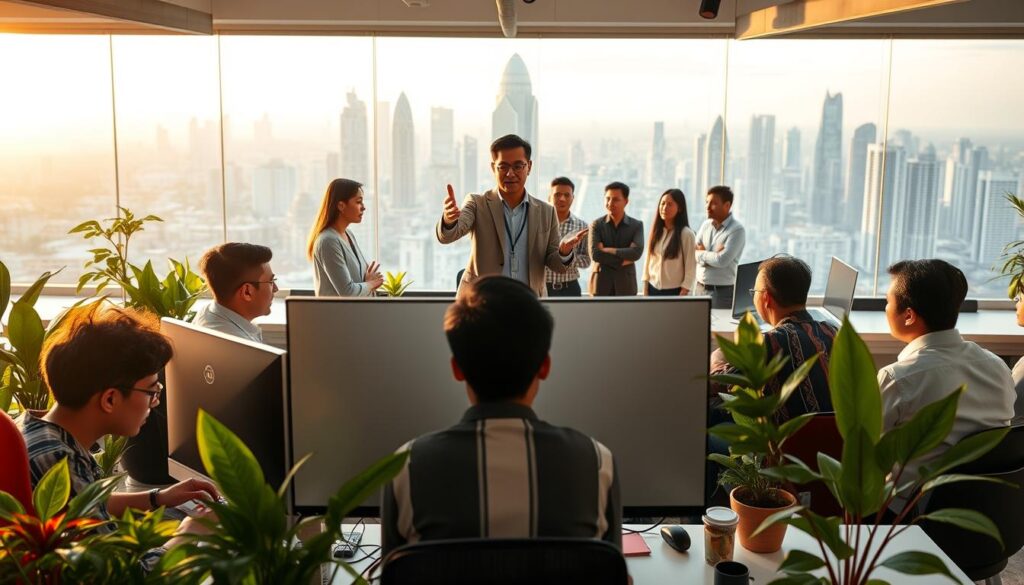 A bustling Indonesian web agency, IdeaxWeb.com, showcasing its unique business stories. In the foreground, a team of web developers huddle around a large monitor, coding with focused intensity. Vibrant office plants and minimalist decor create a dynamic, creative atmosphere. In the middle ground, a leader gestures animatedly, presenting innovative web solutions to a group of attentive clients. The background features a panoramic view of a modern Jakarta skyline, bathed in warm, golden lighting. The scene conveys a sense of energy, collaboration, and the agency's commitment to delivering exceptional digital experiences.