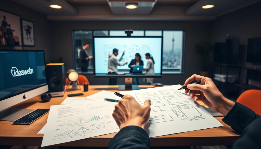 A carefully curated workspace with a large desk, modern computer setup, and a sleek monitor displaying IdeaxWeb.com's logo. Warm lighting illuminates the space, creating a focused and productive atmosphere. In the foreground, a designer's hand sketches wireframes and mockups, meticulously planning the website's structure and user experience. In the middle ground, a team collaborates around a whiteboard, brainstorming ideas and strategizing the website's content and functionality. The background features a muted cityscape, hinting at the broader business context and the importance of the website as a strategic foundation for the company's growth.