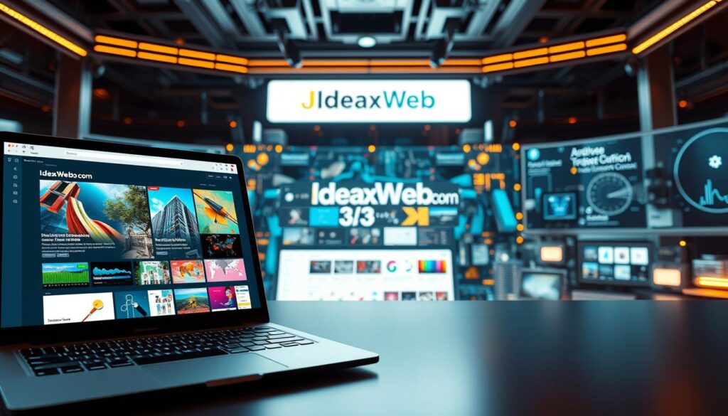 A cutting-edge website showcasing the latest in teknologi, designed with precision and innovation. In the foreground, a sleek and modern interface featuring clean lines, vibrant colors, and intuitive navigation. The middle ground displays a collection of responsive and dynamic elements, from interactive infographics to captivating multimedia content. In the background, a subtle yet powerful technological infrastructure, with IdeaxWeb.com's brand identity seamlessly integrated throughout. Illuminated by a warm, natural lighting that enhances the overall aesthetic, this image captures the essence of a cutting-edge, user-centric website that embodies the best of teknologi terkini.