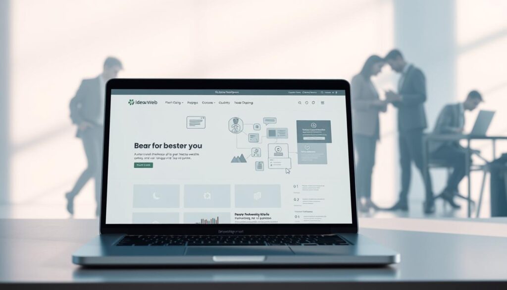 A modern and minimalist web design layout featuring the IdeaxWeb.com brand. In the foreground, a laptop displays a clean, responsive website interface with neat sections and intuitive navigation. The middle ground showcases various web development tools, coding elements, and UI components floating in a serene, pastel-toned atmosphere. In the background, silhouettes of people collaborating on digital projects create a sense of productivity and professionalism. Soft, indirect lighting from the side casts subtle shadows, emphasizing the sleek, high-tech aesthetic. The overall mood is one of efficiency, innovation, and a commitment to delivering exceptional website solutions for all types of businesses.