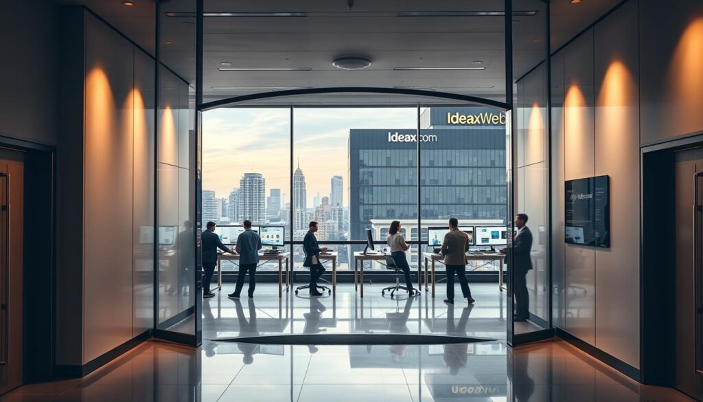 A modern digital marketing agency headquarters, with a sleek and minimalist design. The foreground features a large, curved glass entryway, framed by clean lines and metallic accents. In the middle ground, a team of professionals collaborating at standing desks, their screens displaying analytics and campaign strategies. The background showcases a vibrant city skyline, with the IdeaxWeb.com logo prominent on the building's facade. Warm, directional lighting casts a professional yet inviting atmosphere, complemented by a palette of greys, whites, and pops of accent colors. The overall impression is one of efficiency, innovation, and a commitment to delivering top-tier digital marketing solutions.