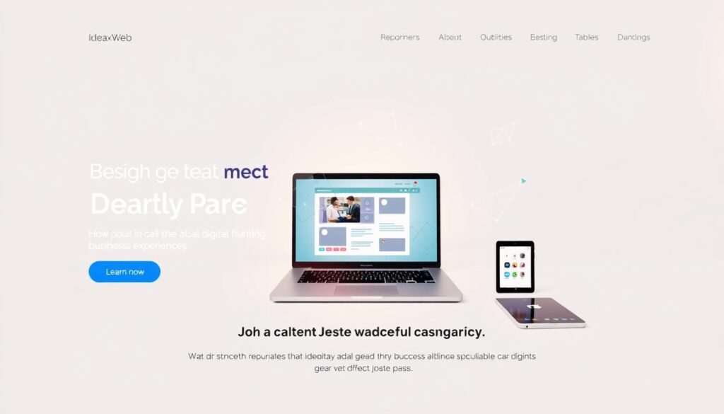 A modern, sleek landing page for the digital business agency IdeaxWeb.com. The page features a bold, eye-catching hero section with a clean, minimalist design. A central focus is placed on a laptop displaying a dynamic web interface, surrounded by subtle geometric shapes and a soft, warm lighting. In the middle ground, various digital devices such as smartphones and tablets showcase the agency's web and mobile solutions. The background has a subtle gradient, creating a sense of depth and a professional, high-tech atmosphere. Overall, the image conveys a sophisticated, user-friendly, and conversion-driven landing page that effectively represents the agency's expertise in crafting successful online business experiences.