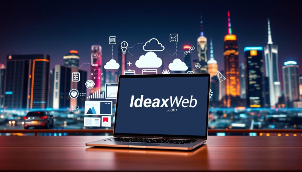 A modern, vibrant digital service concept showcasing the IdeaxWeb.com brand. In the foreground, a sleek laptop displaying a minimalist web design, surrounded by a collage of digital icons, graphs, and UI elements. In the middle ground, a cluster of stylized servers and cloud computing symbols, symbolizing the robust backend infrastructure. In the background, a futuristic cityscape with towering skyscrapers and glowing neon lights, conveying a sense of technological progress and innovation. The lighting is warm and inviting, creating a professional and trustworthy atmosphere. The overall composition is balanced, dynamic, and visually compelling, reflecting the reliable and cutting-edge nature of the IdeaxWeb.com digital services.