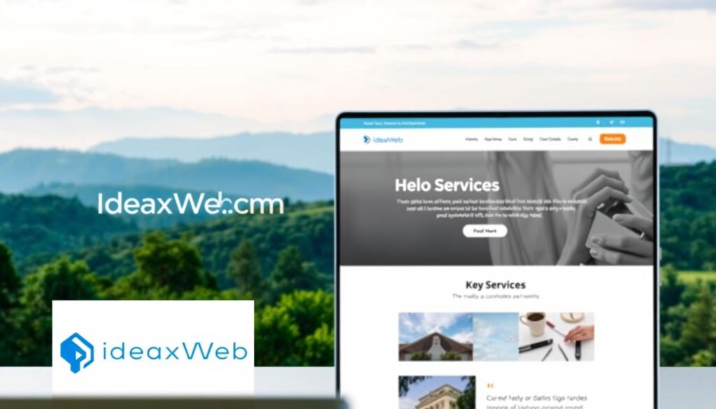 A modern, visually captivating website design with a clean, minimalist aesthetic. In the foreground, the IdeaxWeb.com logo stands prominently, reflecting a sophisticated brand identity. The middle ground showcases a well-organized layout with intuitive navigation, featuring a hero section highlighting key services. In the background, a serene landscape with lush greenery and a calm, blue sky creates a calming, nature-inspired atmosphere. Soft, diffused lighting accentuates the design elements, resulting in a visually striking and SEO-friendly website that resonates with the target audience.