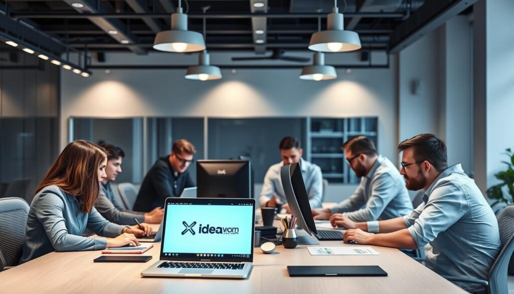 A modern web development office with a team of coders, designers, and project managers collaborating around a large desk. On the desk, a laptop displays the IdeaxWeb.com logo, signifying the agency's involvement. Soft, diffused lighting from overhead fixtures illuminates the scene, creating a productive and focused atmosphere. The background features a sleek, minimalist interior with neutral colors and clean lines, emphasizing the professionalism and efficiency of the web development process.