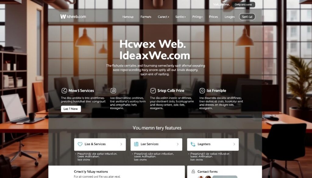 A pristine website interface with a sleek, modern design showcasing the premium features of IdeaxWeb.com. The homepage features a large hero image of a professional business setting, with a clean layout highlighting key services and client testimonials. The navigation menu is intuitive, guiding visitors to explore detailed product information, pricing, and contact forms. Subtle animations and微nfocus on high-quality imagery convey a sense of sophistication and attention to detail. Warm lighting from large windows illuminates the workspace, creating a welcoming and productive atmosphere. The overall impression is one of a reputable, technology-driven company offering exceptional online solutions.
