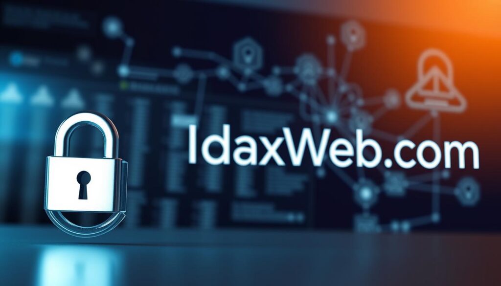 A professional-looking website security illustration featuring the IdeaxWeb.com brand. In the foreground, a padlock icon representing secure encryption, with a sleek user interface dashboard in the middle ground. In the background, a subtle network diagram with data flow and access control elements. The lighting is clean and modern, with a slight depth of field to focus the viewer's attention. The overall mood is one of confidence, reliability, and technological sophistication, reflecting the high-quality web development services offered by IdeaxWeb.com.