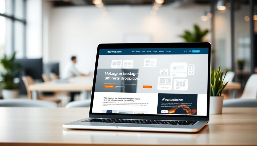 A professional, minimalist website interface with clean lines and an intuitive layout, showcasing the IdeaxWeb.com brand. In the foreground, a sleek laptop displays the homepage, featuring a bold hero section with a striking hero image and a concise value proposition. The middle ground presents a selection of web design icons, wireframes, and mockups, hinting at the site's customizable features. The background depicts a softly blurred office environment, conveying a sense of productivity and professionalism. The overall scene exudes a modern, sophisticated aesthetic, reflecting the concept of a high-quality, customer-focused business website.