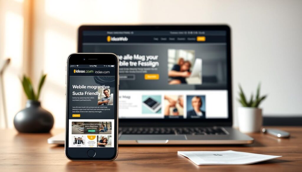 A professional mobile-friendly website design featuring the IdeaxWeb.com brand. In the foreground, a sleek smartphone display showcases a responsive and visually appealing website interface, designed with clean typography, intuitive navigation, and eye-catching imagery. The middle ground depicts a laptop screen, mirroring the mobile design for consistent cross-device experience. The background setting is a modern, minimalist workspace with warm, natural lighting, highlighting the website's professional and user-friendly aesthetics. The overall atmosphere conveys a sense of digital sophistication, efficiency, and an emphasis on delivering a seamless mobile-first user experience.