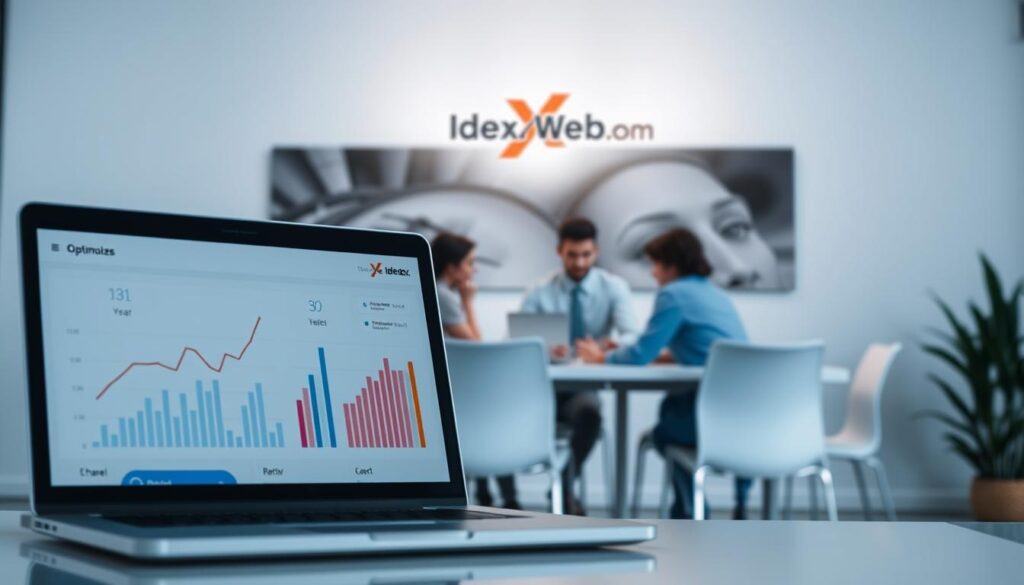 A professional, modern business website with a clean, minimalist design. The foreground features a laptop displaying analytics and key performance indicators, symbolizing optimization and growth. In the middle ground, a team of developers collaborating at a conference table, strategizing ways to enhance the website's functionality and user experience. The background showcases the IdeaxWeb.com brand logo, conveying a sense of authority and expertise in web design and development services. The lighting is soft and directional, creating depth and highlighting the key elements. The overall mood is one of efficiency, innovation, and a commitment to helping businesses thrive online.