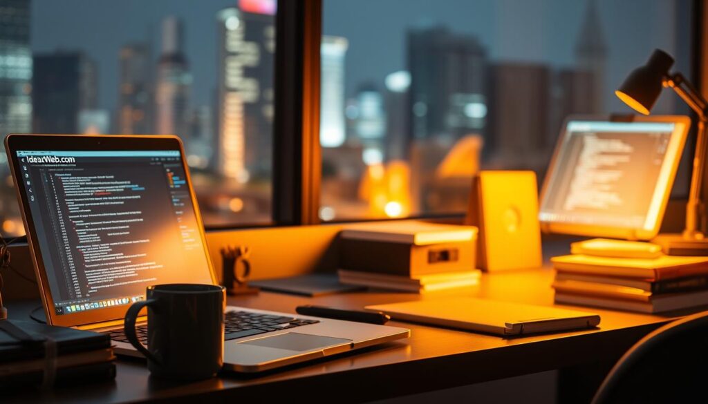 A professional web developer workspace with an IdeaxWeb.com laptop, desk, and various development tools such as code editor, coffee mug, and reference books. The scene is illuminated by warm, focused lighting, creating a productive and focused atmosphere. The background features a blurred city skyline, suggesting the developer's connection to the larger web development community. The image conveys the expertise and dedication of a professional Indonesian web developer, ready to take on complex projects.