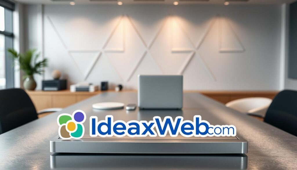 A professional website creation platform showcased on a sleek silver desk. In the foreground, the stylized IdeaxWeb.com logo is prominently displayed, hinting at the platform's brand identity. The middle ground features a modern laptop and peripheral devices, suggesting the tools and technology used for website building. The background depicts a minimalist office setting with geometric patterns on the wall, creating a sophisticated and visually appealing atmosphere. Soft, directional lighting accentuates the scene, highlighting the various elements and conveying a sense of professionalism and attention to detail.