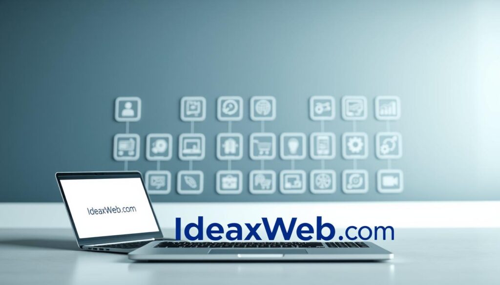A professional website design service showcase, featuring a well-organized display of various website package offerings. In the foreground, a sleek, modern laptop displays the IdeaxWeb.com brand logo, showcasing a clean, minimalist aesthetic. The middle ground contains neatly arranged icons and graphics representing the different web design services, such as responsive design, e-commerce integration, and SEO optimization. The background subtly blends shades of blue and gray, creating a calming, professional atmosphere. The lighting is soft and balanced, highlighting the key elements without creating harsh shadows. The overall composition conveys a sense of professionalism, attention to detail, and the comprehensive nature of the web design services provided by IdeaxWeb.com.
