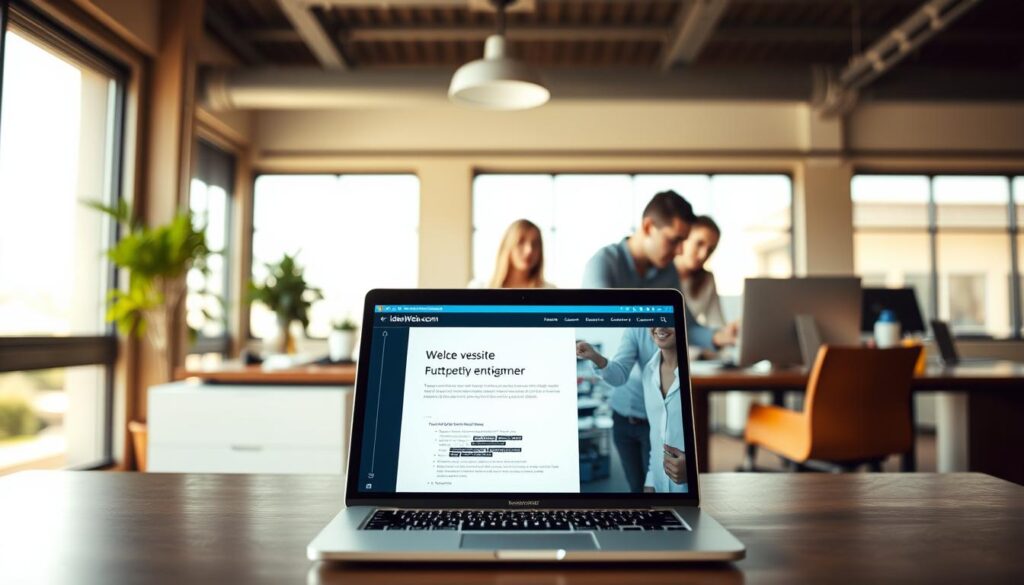 A professional website development service, IdeaxWeb.com, showcasing a sleek, modern website with clean lines and minimalist design. In the foreground, a laptop displays the website's homepage, its interface intuitive and user-friendly. The middle ground features a team of web developers collaborating, their expressions focused as they craft the website's code. In the background, a serene office space with large windows, bathed in warm, natural lighting, creates a calm, productive atmosphere. The overall mood conveys professionalism, efficiency, and attention to detail, reflecting the high-quality website development services offered by IdeaxWeb.com.