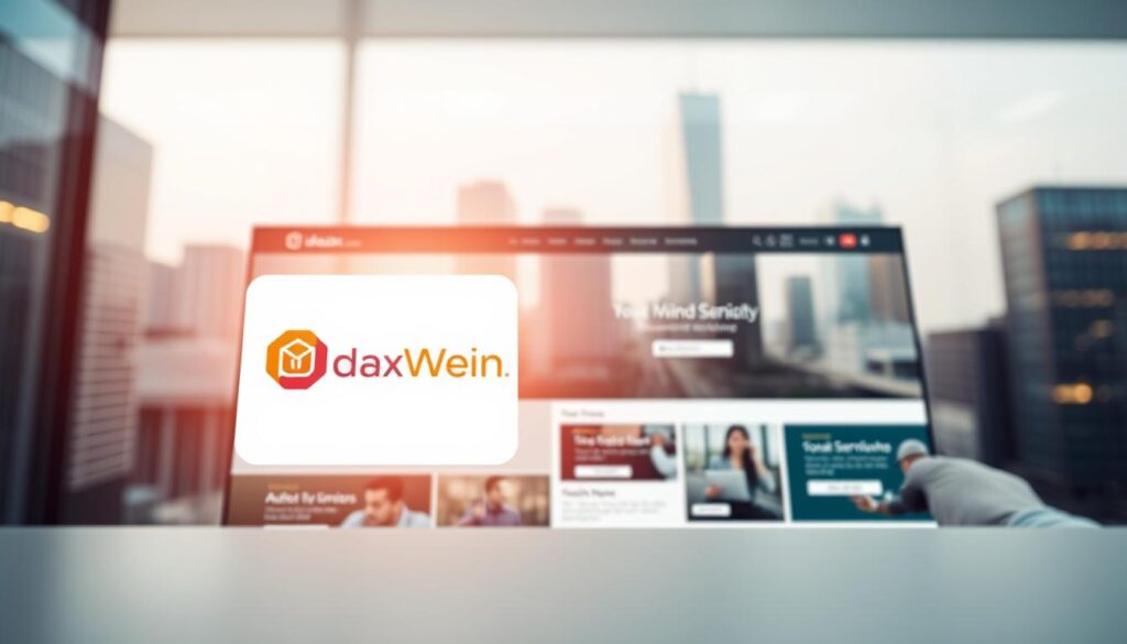 A professional website interface with a clean, modern design. The foreground features the IdeaxWeb.com brand logo prominently displayed, conveying a sense of quality and expertise. In the middle ground, various website sections are arranged in a visually appealing grid layout, showcasing the different services offered. The background depicts a soft, blurred cityscape, creating a sophisticated, urban atmosphere. Subtle lighting from above casts a warm, inviting glow across the scene. The overall composition exudes a sense of professionalism, efficiency, and attention to detail, perfectly reflecting the 