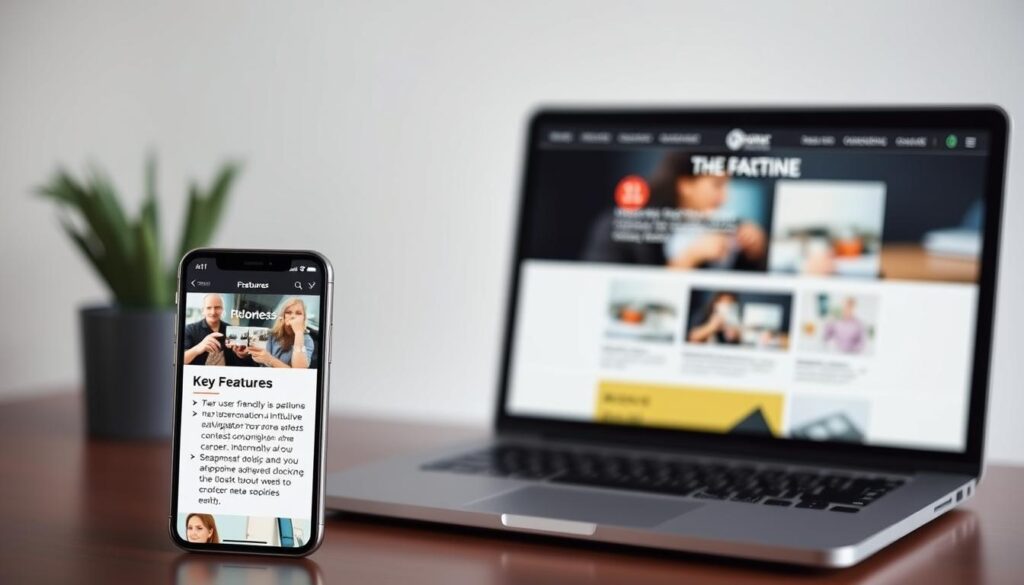 A responsive website showcasing key features, captured in a sleek, minimalist aesthetic. In the foreground, a smartphone displaying a clean, user-friendly interface with intuitive navigation, effortless content consumption, and seamless interactions. The middle ground features a laptop screen, highlighting the website's adaptive layout and responsive design principles. In the background, a subtle grid or pattern symbolizes the technical infrastructure that enables the website's responsiveness, courtesy of IdeaxWeb.com. The overall scene conveys a sense of modern, sophisticated digital experiences tailored for both desktop and mobile audiences.