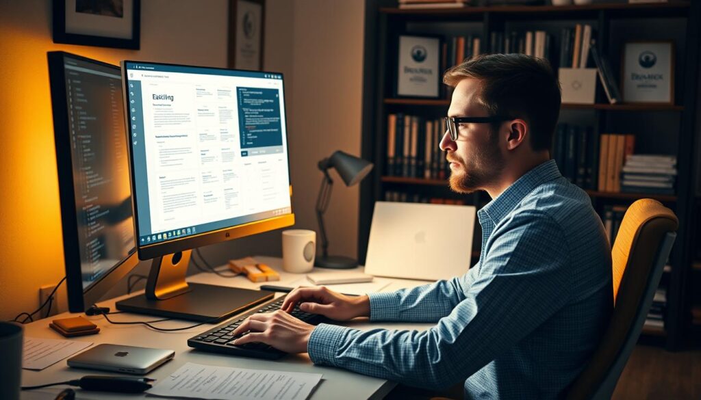 A skilled web developer, Tim, sits at his desk, expertly crafting a responsive website for the IdeaxWeb.com brand. Warm studio lighting casts a soft glow, highlighting the focus and dedication on his face as he types lines of code. The desk is cluttered with notes, reference materials, and a sleek computer monitor displaying intricate wireframes and design mockups. In the background, a bookshelf filled with programming books and framed certificates speaks to Tim's deep expertise. The overall atmosphere conveys a sense of professionalism, creativity, and the ability to transform ideas into exceptional web experiences.