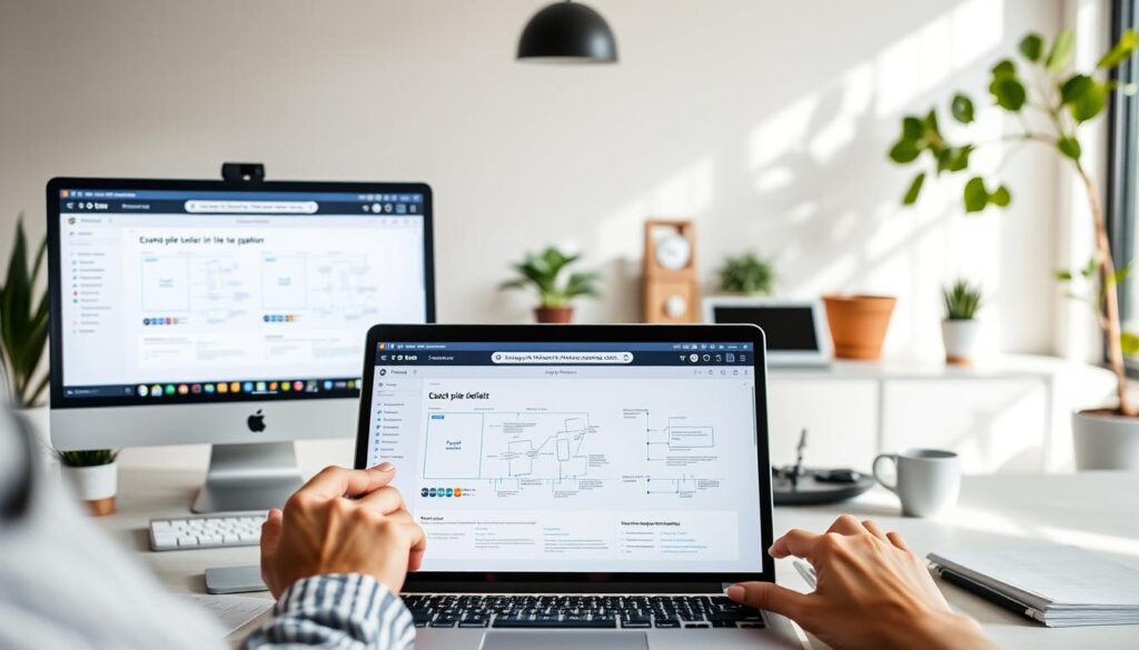 A sleek and modern landing page design process, showcasing the IdeaxWeb.com brand. In the foreground, a designer meticulously crafts the user interface, carefully selecting typography, colors, and layout. In the middle ground, a laptop screen displays the iterative wireframing and prototyping stages, with annotations and diagrams. The background features a minimalist office setting, with plants, desk accessories, and natural lighting creating a serene, productive atmosphere. The overall scene conveys the thoughtful, strategic approach to developing a high-converting landing page that resonates with the target audience.