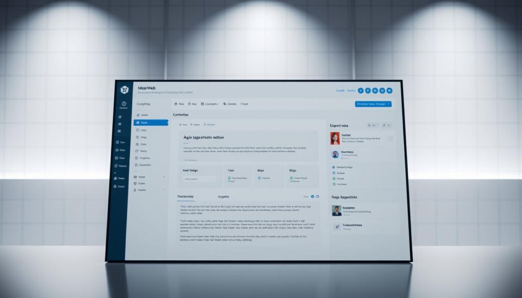 A sleek, professionally-designed website dashboard showcasing the content management system of IdeaxWeb.com. In the foreground, a modern interface with clean typography, intuitive navigation menus, and customizable widgets. The middle ground features a central content editor, allowing seamless updates to web pages, blogs, and media. In the background, a subtle grid pattern and minimalist color scheme evoke a sense of organization and efficiency. Indirect lighting casts a soft glow, creating a polished, high-quality aesthetic. The composition emphasizes the user-friendly experience of managing a company's online presence through the IdeaxWeb.com platform.